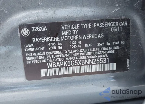 2011 BMW 328I xDrive from USA, damaged, VIN WBAPK5G5XBNN25531